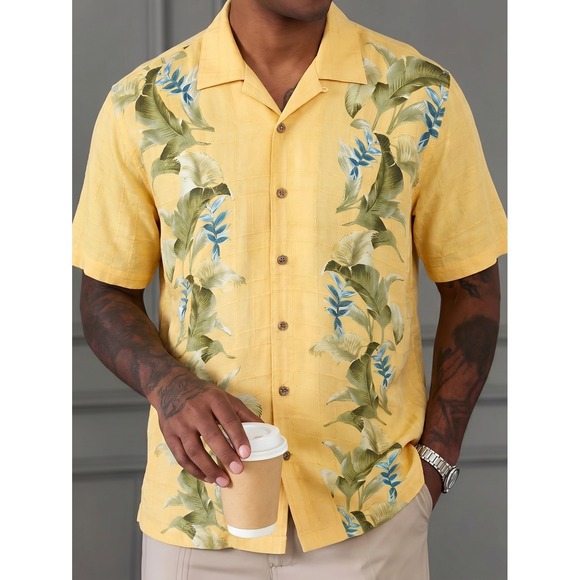 Tommy Bahama Other - NWT Tommy Bahama Button Up Shirt Mens L Yellow New Floral Silk Camp Leaf Chaser